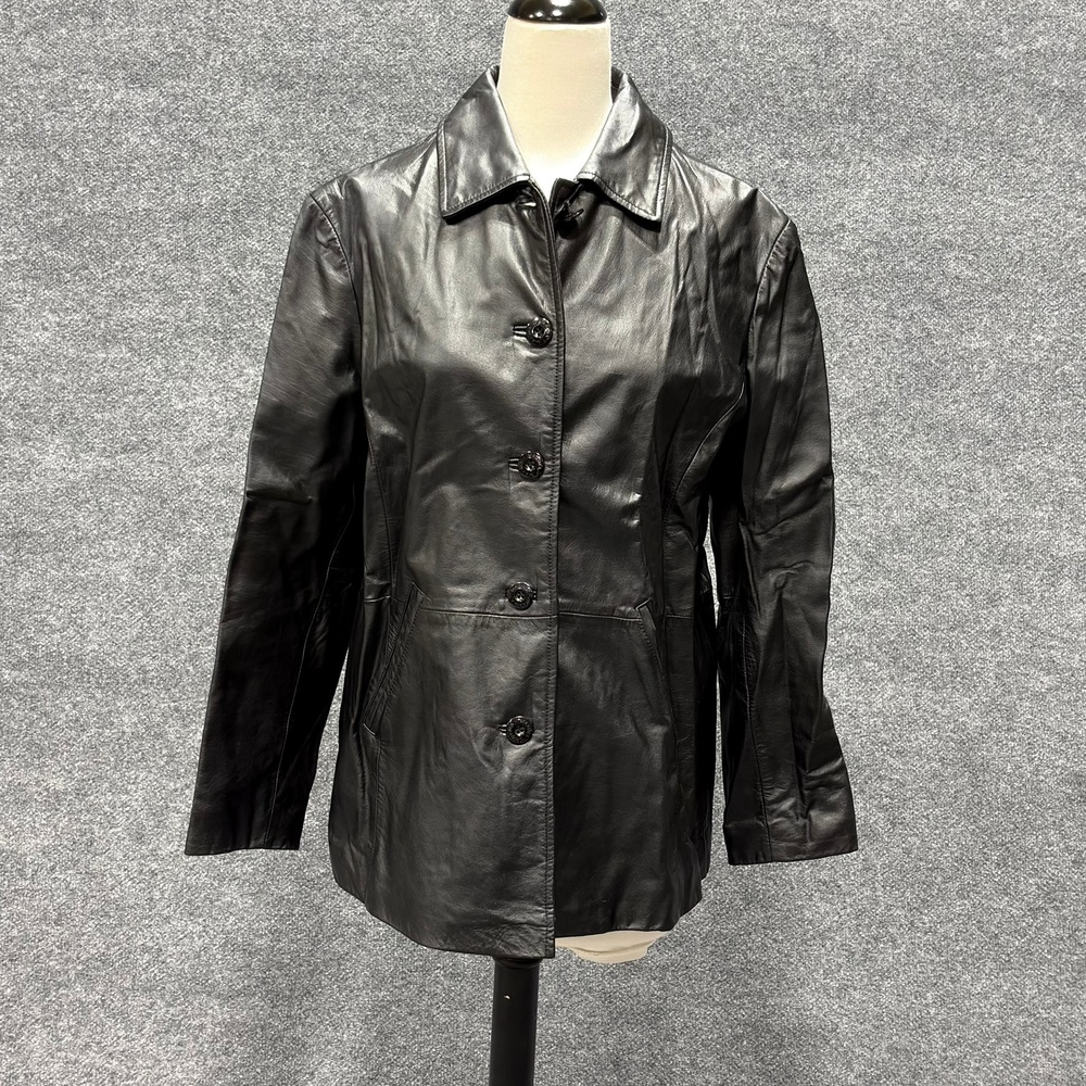 Wilsons Leather Jacket Womens L Black Button Front Lined Mid Length Maxima